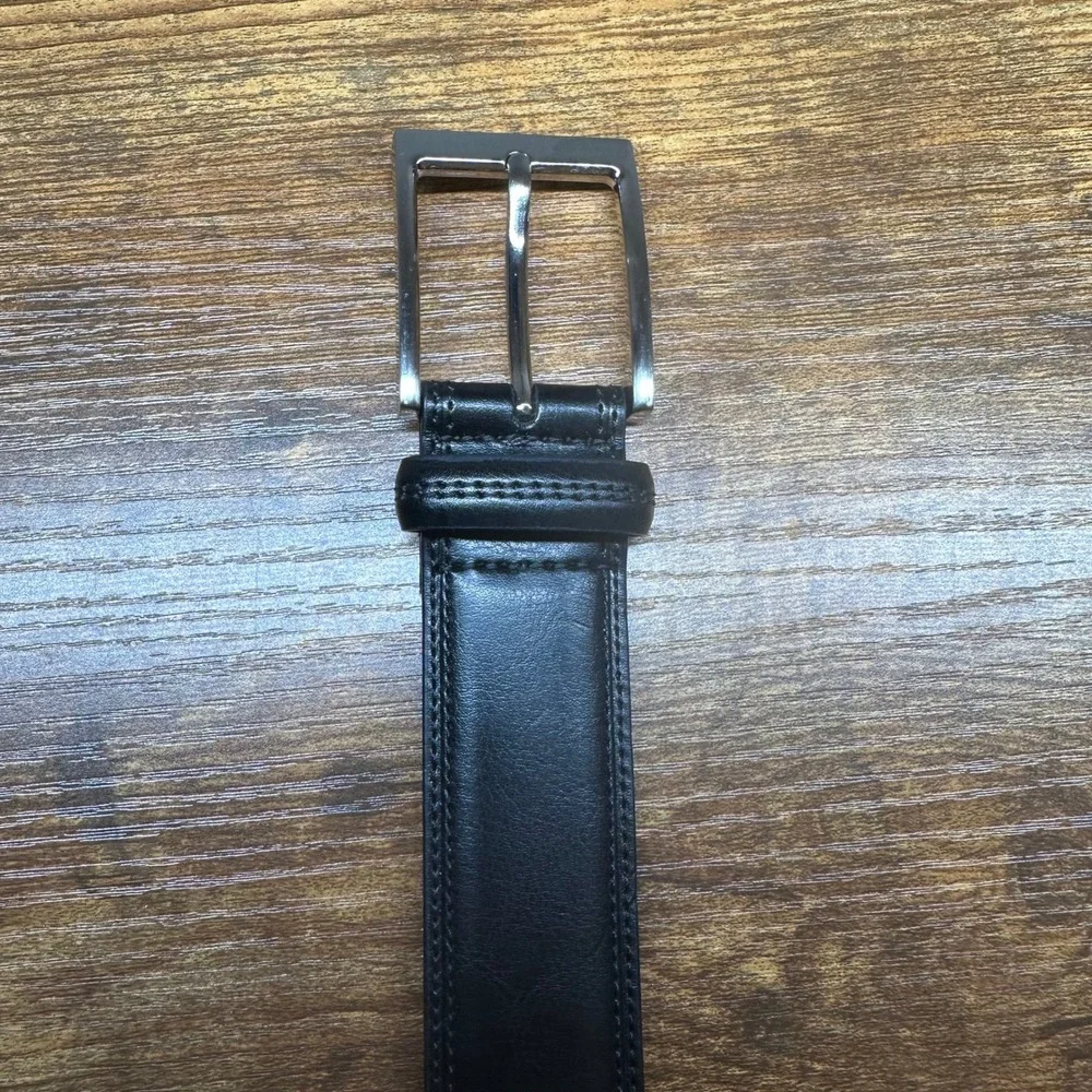 NEW Perry Ellis Mens Black Bonded Leather Belt Satin Nickel Buckle 34-36 1P36913